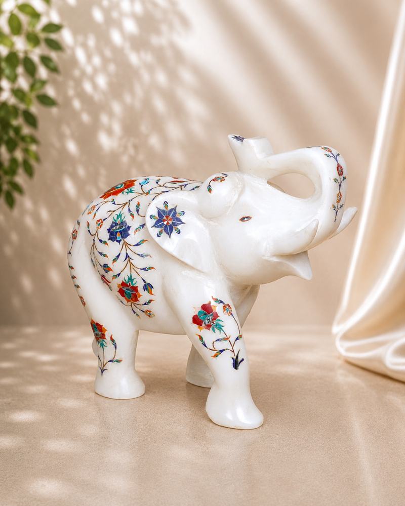 10-Inch Floral Inlay White Marble Elephant