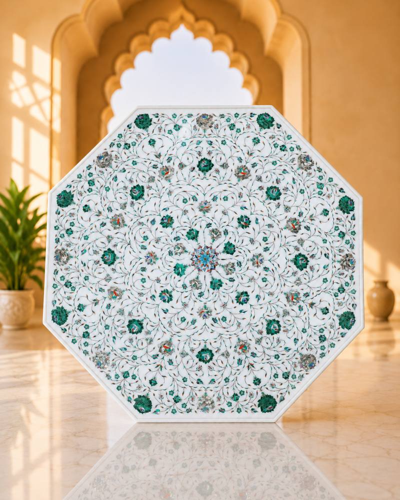 39-Inch Octagonal Floral Inlay White Marble Coffee Table