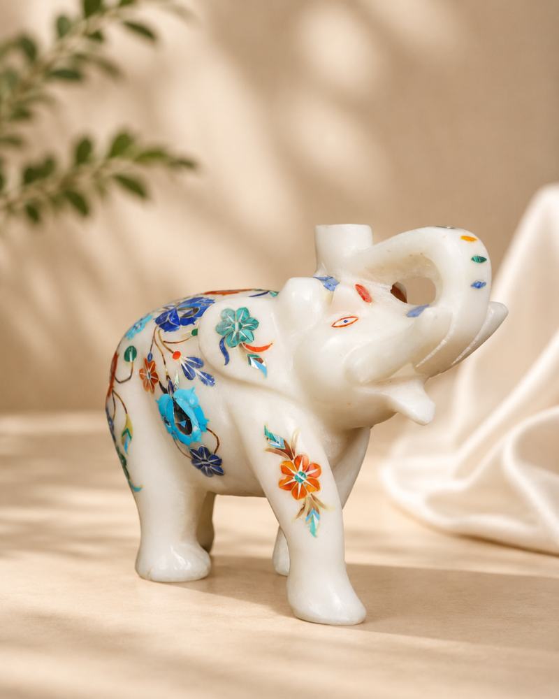 7-Inch Multi-Color Floral Inlay White Marble Elephant