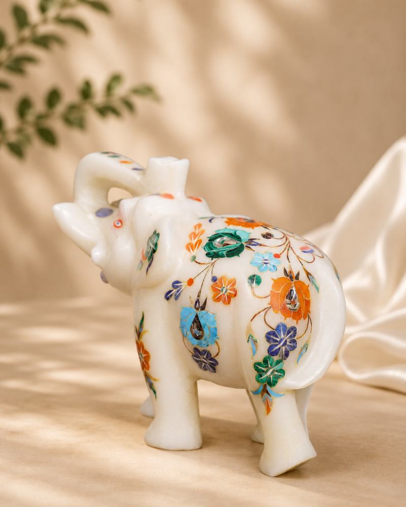 7-Inch Multi-Color Floral Inlay White Marble Elephant