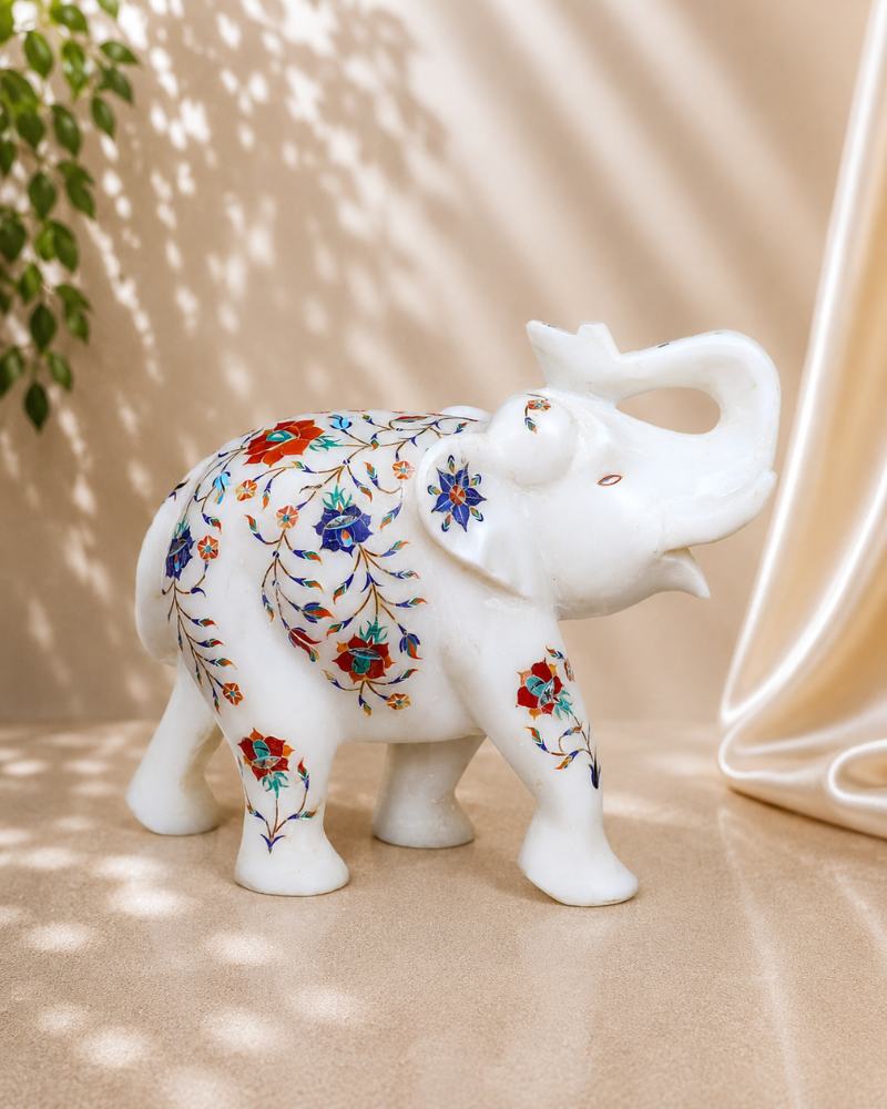 10-Inch Floral Inlay White Marble Elephant