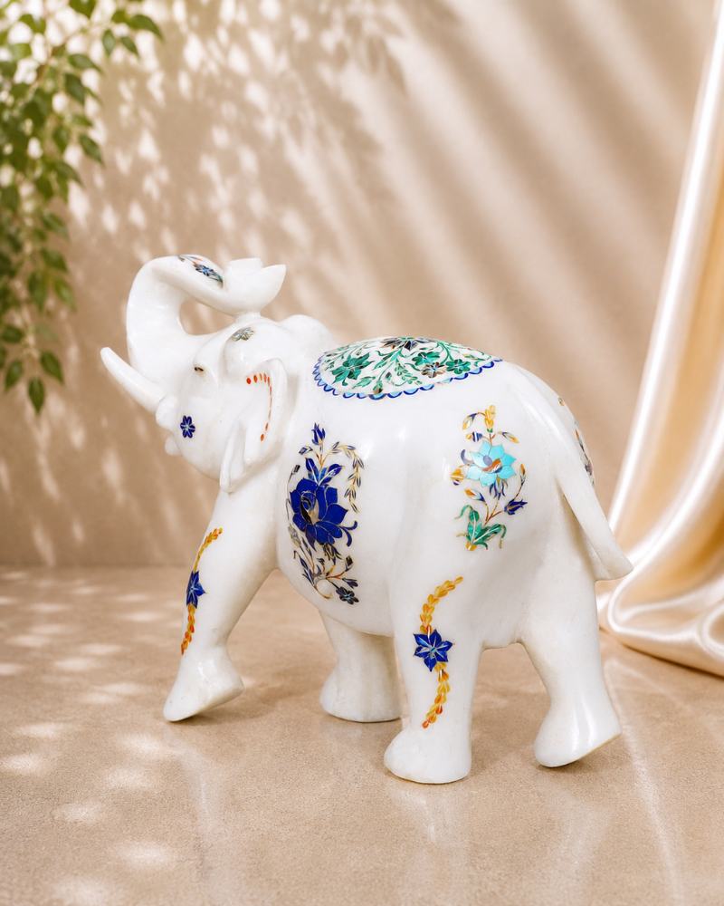9-Inch Sapphire Floral Inlay White Marble Elephant