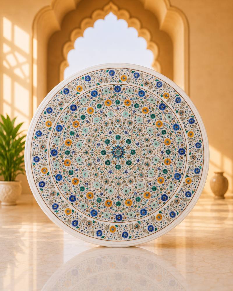 43-Inch Circular Floral Inlay White Marble Dining Table