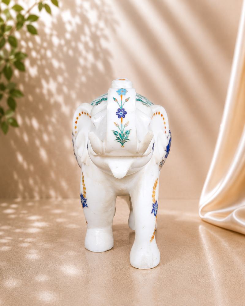 9-Inch Sapphire Floral Inlay White Marble Elephant