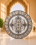 60-Inch Circular Floral Inlay White Marble Dining Table Top