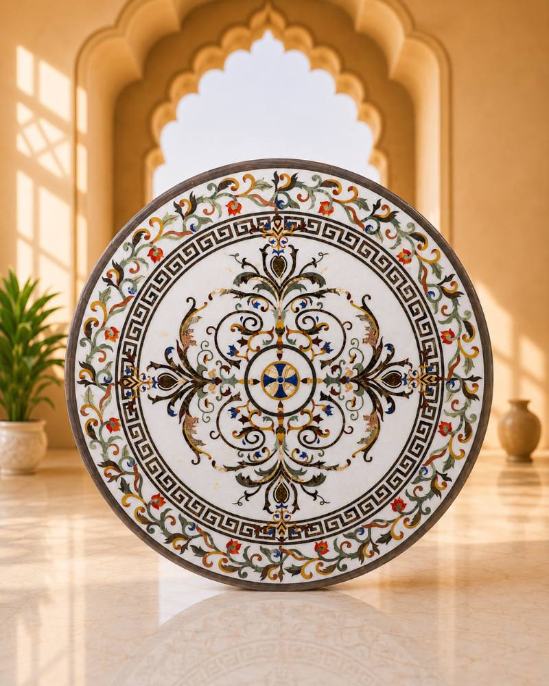 60-Inch Circular Floral Inlay White Marble Dining Table Top
