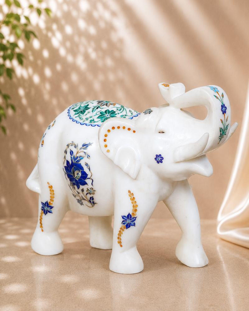 9-Inch Sapphire Floral Inlay White Marble Elephant