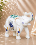 9-Inch Sapphire Floral Inlay White Marble Elephant