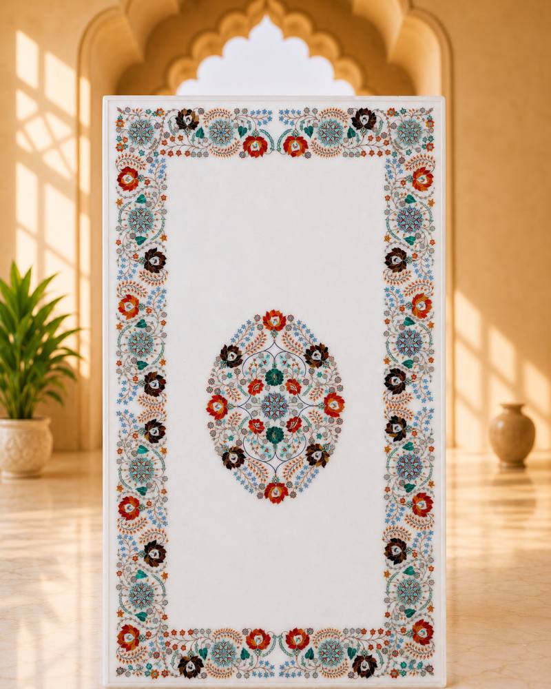 55-Inch Rectangular Floral Inlay White Marble Coffee Table