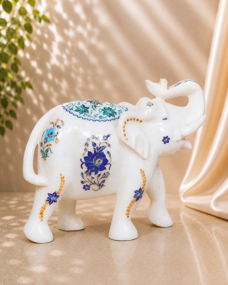 9-Inch Sapphire Floral Inlay White Marble Elephant