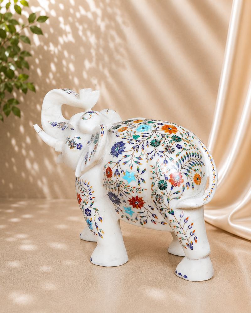 13-Inch Exquisite Floral Inlay White Marble Elephant