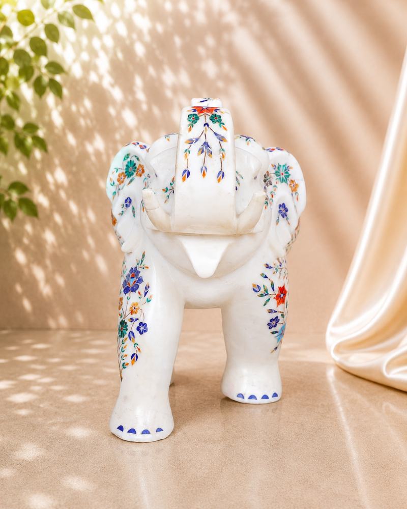13-Inch Exquisite Floral Inlay White Marble Elephant