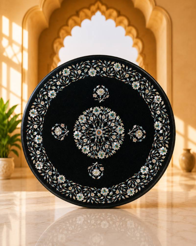 42-Inch Circular Floral Inlay Black Marble Coffee Table