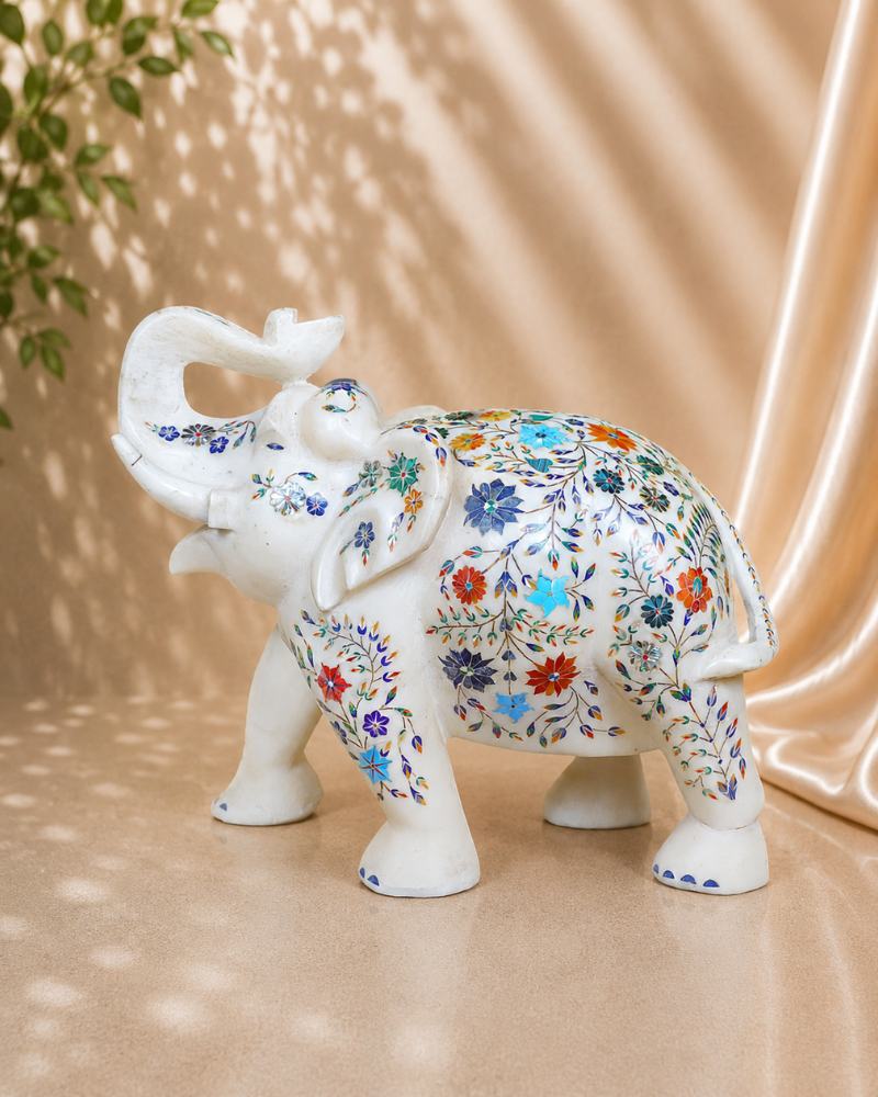 13-Inch Exquisite Floral Inlay White Marble Elephant