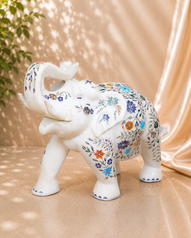 13-Inch Exquisite Floral Inlay White Marble Elephant