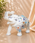 13-Inch Exquisite Floral Inlay White Marble Elephant