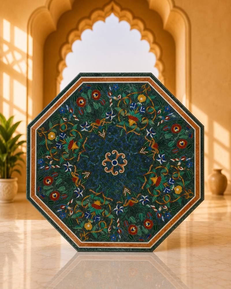 50-Inch Octagonal Floral Inlay Green Marble Dining Table Top