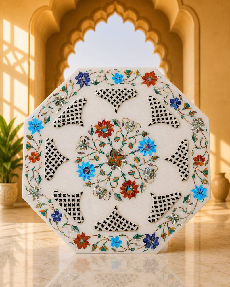 Premium 12-Inch Octagonal White Marble Decorative Tile with Elaborate Inlay