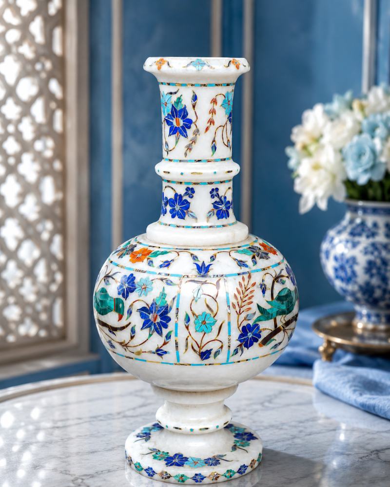 Artisanal 10-Inch Handcrafted White Marble Flower Vase with Bird and Floral Inlay