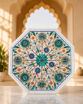 Luxury 12-Inch Octagonal White Marble Side Table with Handcrafted Floral Inlay