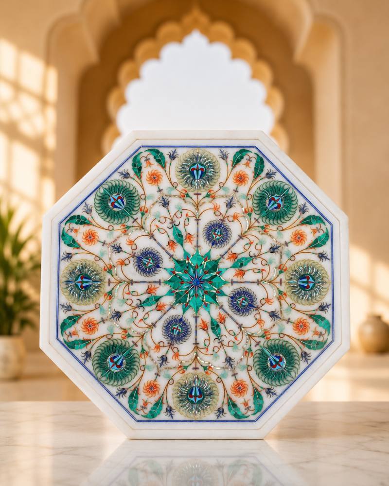 Luxury 12-Inch Octagonal White Marble Side Table with Handcrafted Floral Inlay