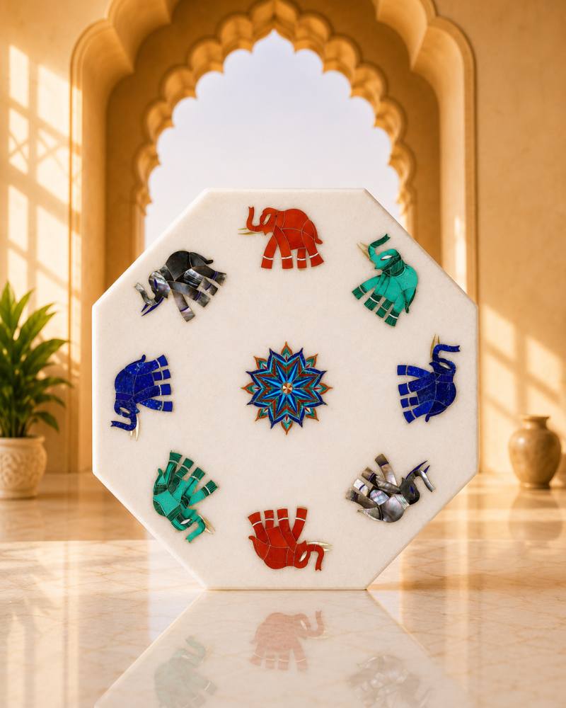 Premium 12-Inch Octagonal White Marble Decorative Tile with Elephant Motif Inlay