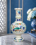 Artisanal 10-Inch Handcrafted White Marble Flower Vase with Bird and Floral Inlay