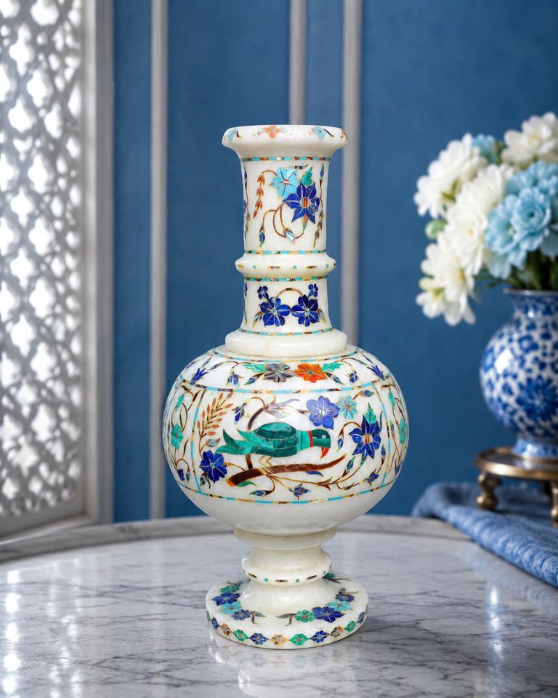 Artisanal 10-Inch Handcrafted White Marble Flower Vase with Bird and Floral Inlay
