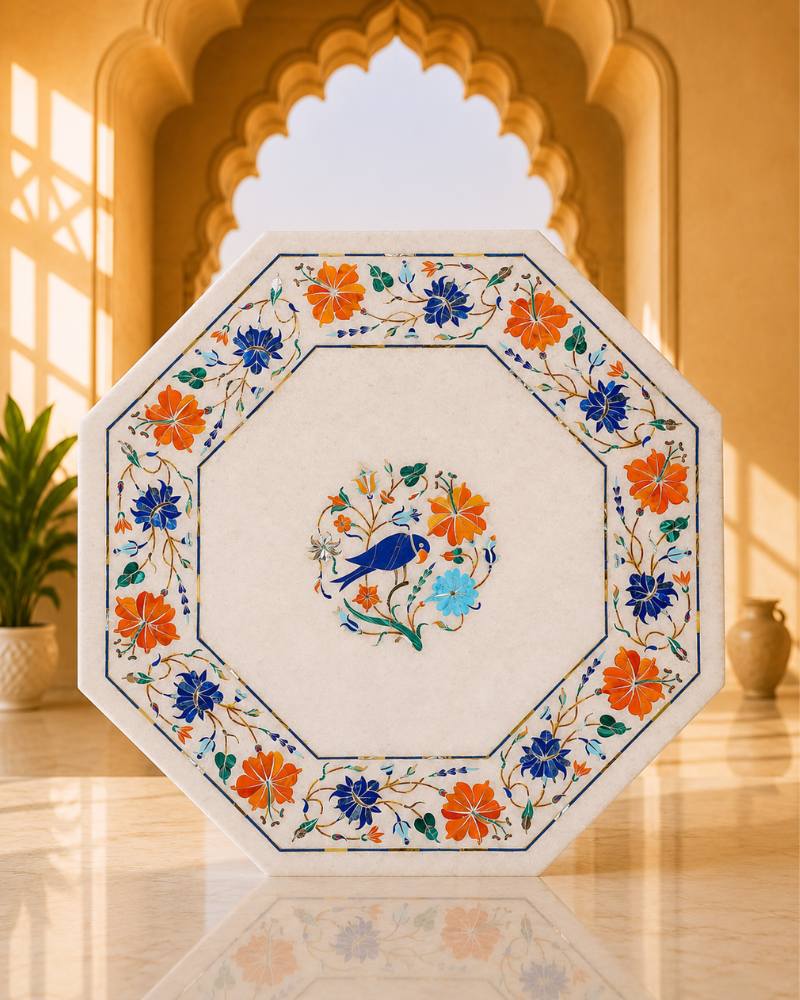 Artisanal 12-Inch Octagonal White Marble Decorative Tile with Bird and Floral Inlay