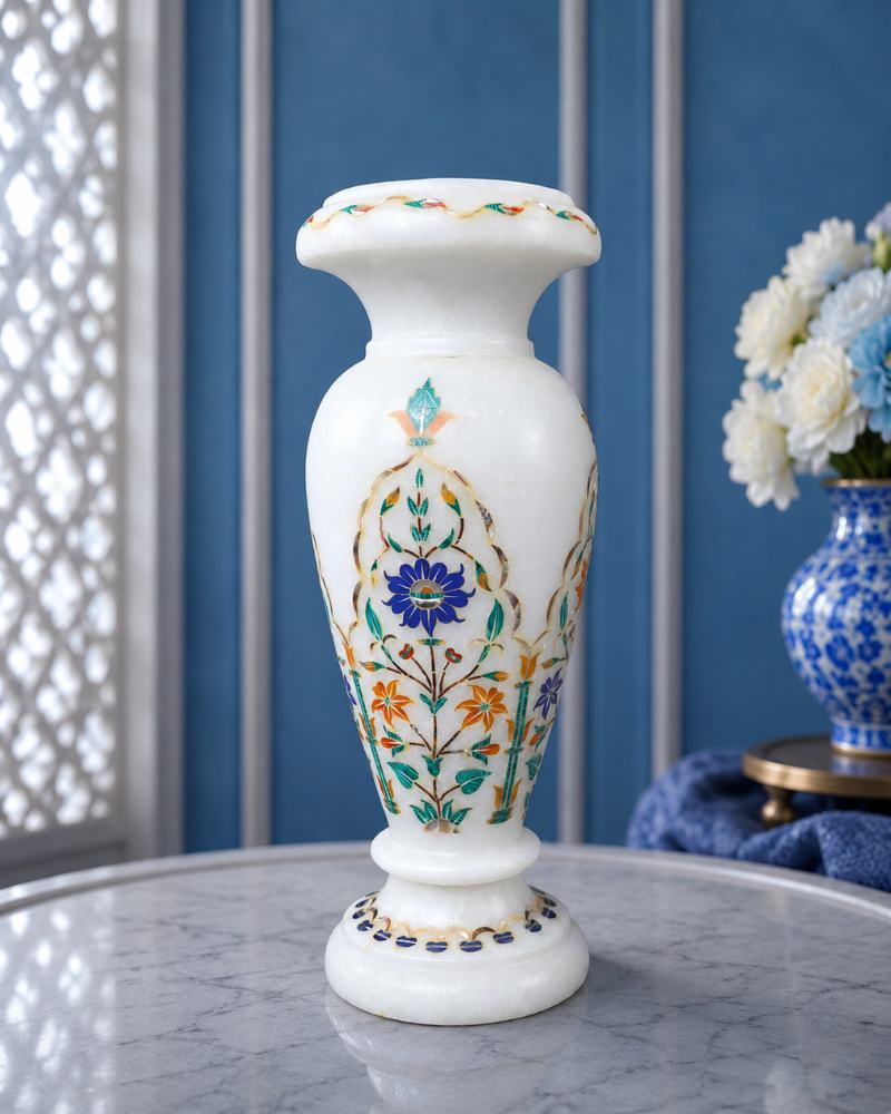 Artisanal 10-Inch Handcrafted White Marble Flower Vase with Intricate Floral Inlay