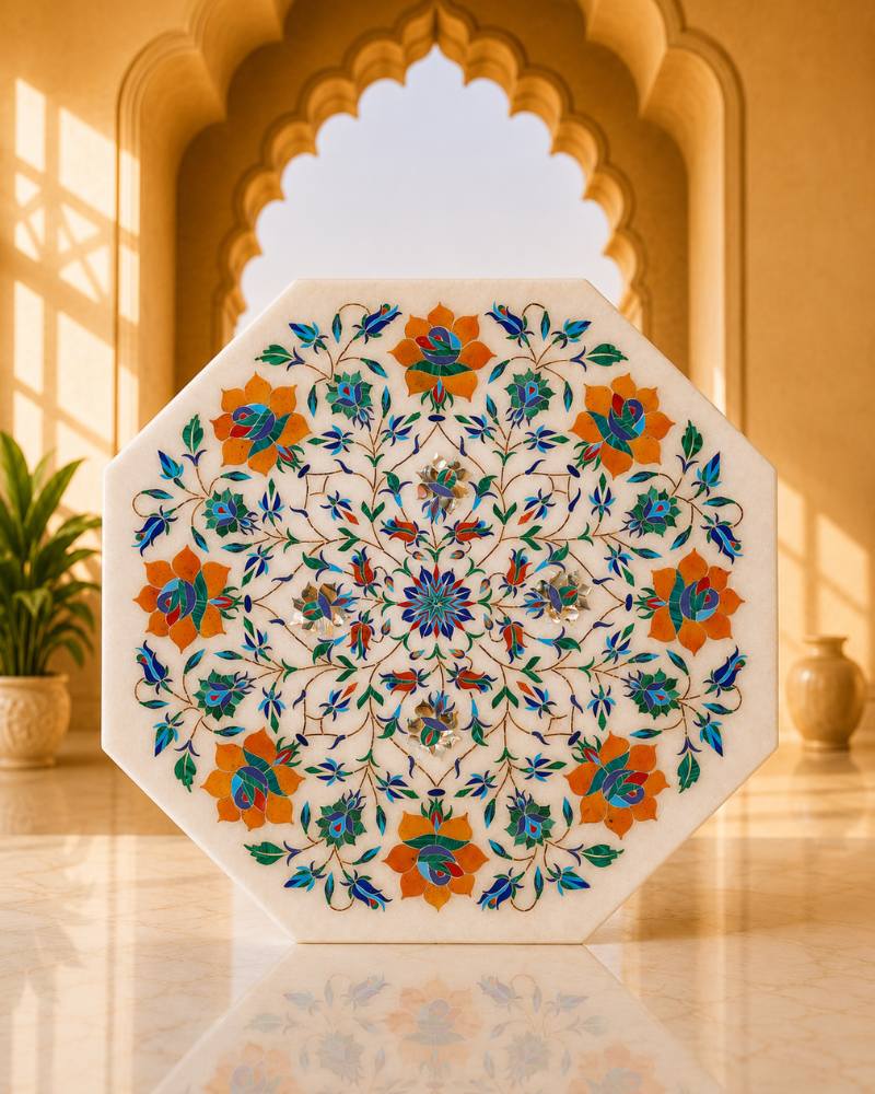 Premium 12-Inch Octagonal White Marble Decorative Tile with Floral Inlay