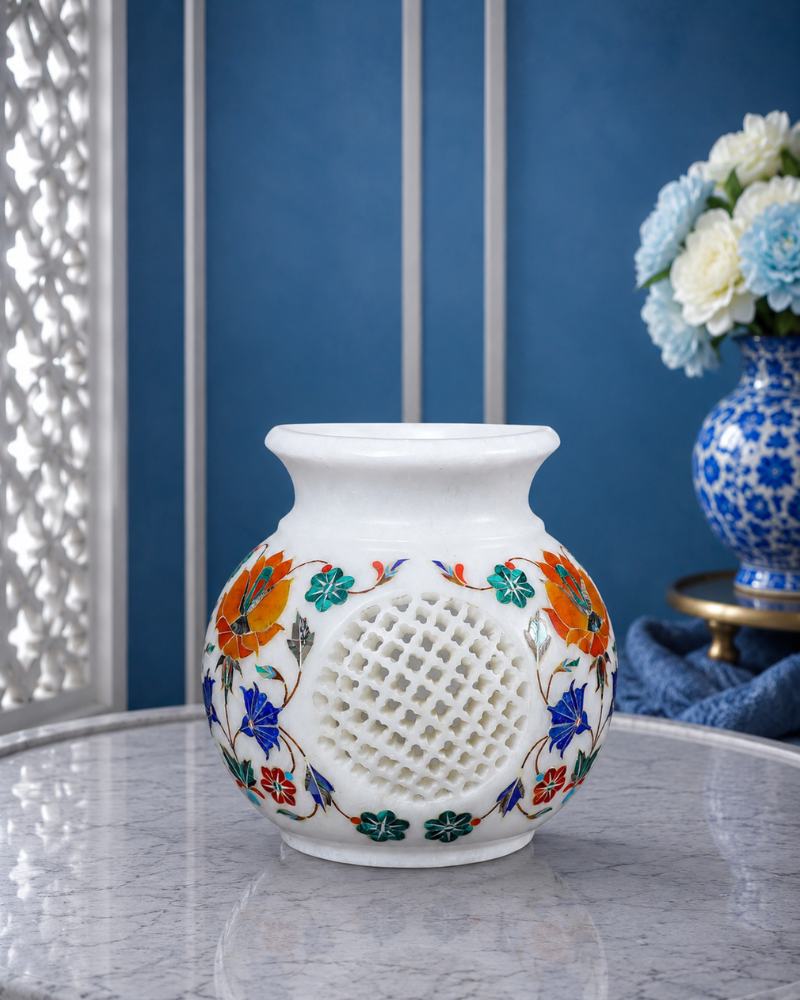 Artisanal 6-Inch Handcrafted White Marble Table Pot with Intricate Inlay and Lattice Work