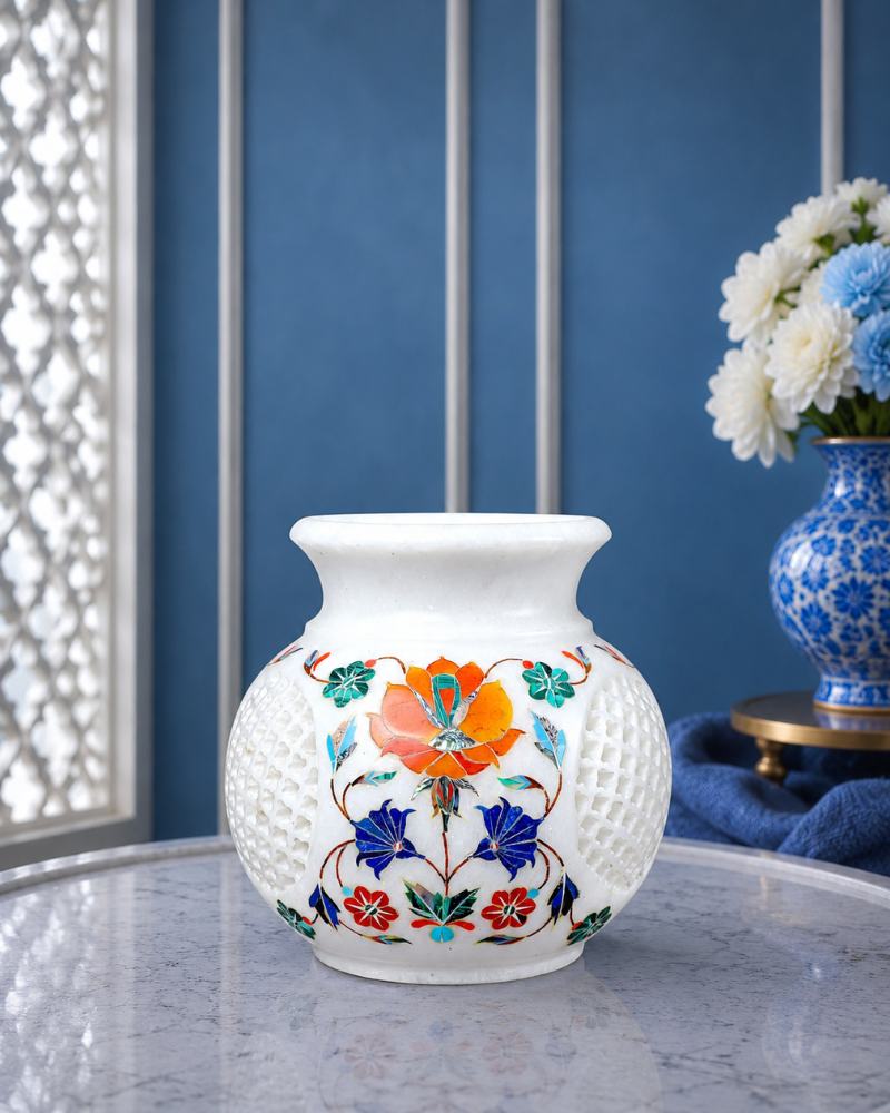 Artisanal 6-Inch Handcrafted White Marble Table Pot with Intricate Inlay and Lattice Work
