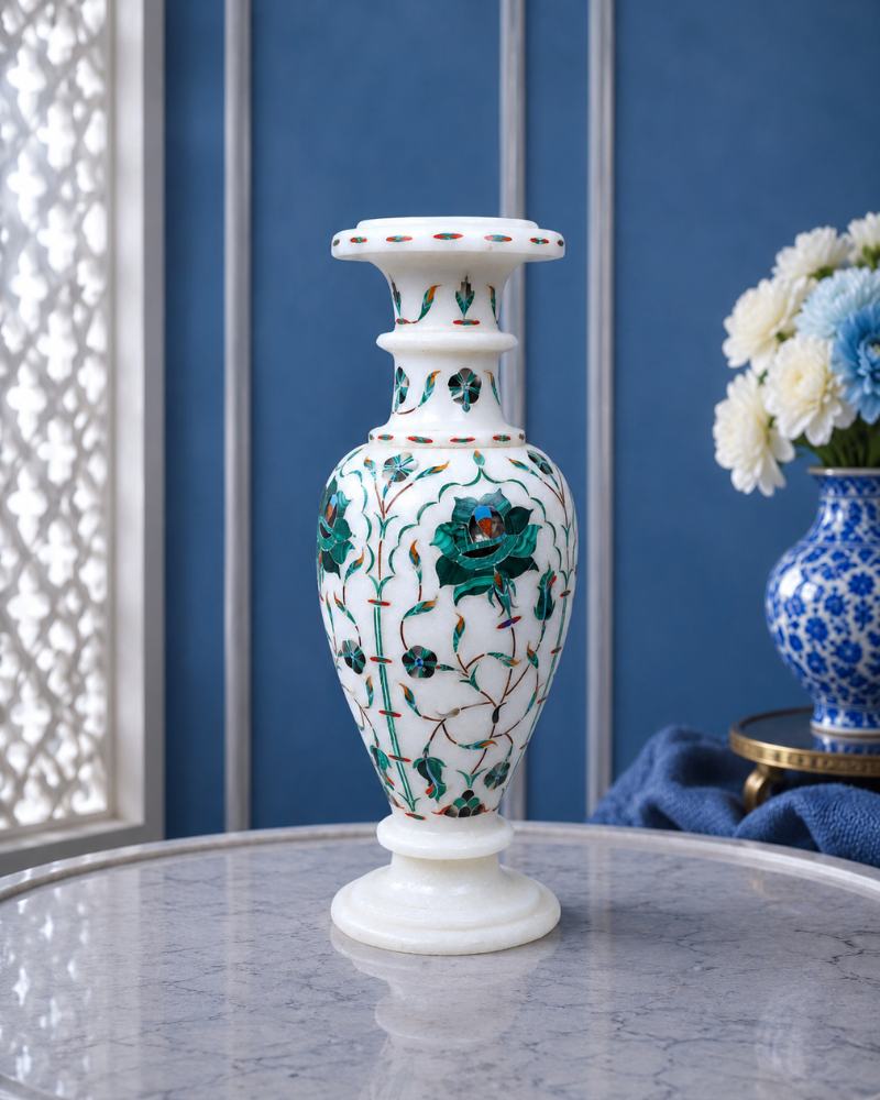 Artisanal 10-Inch Handcrafted White Marble Flower Vase with Intricate Green Floral Inlay