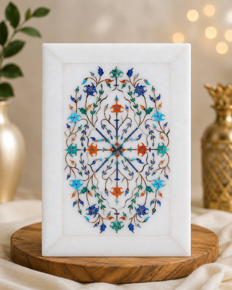 10x7-Inch Rectangular Floral Inlay White Marble Tray