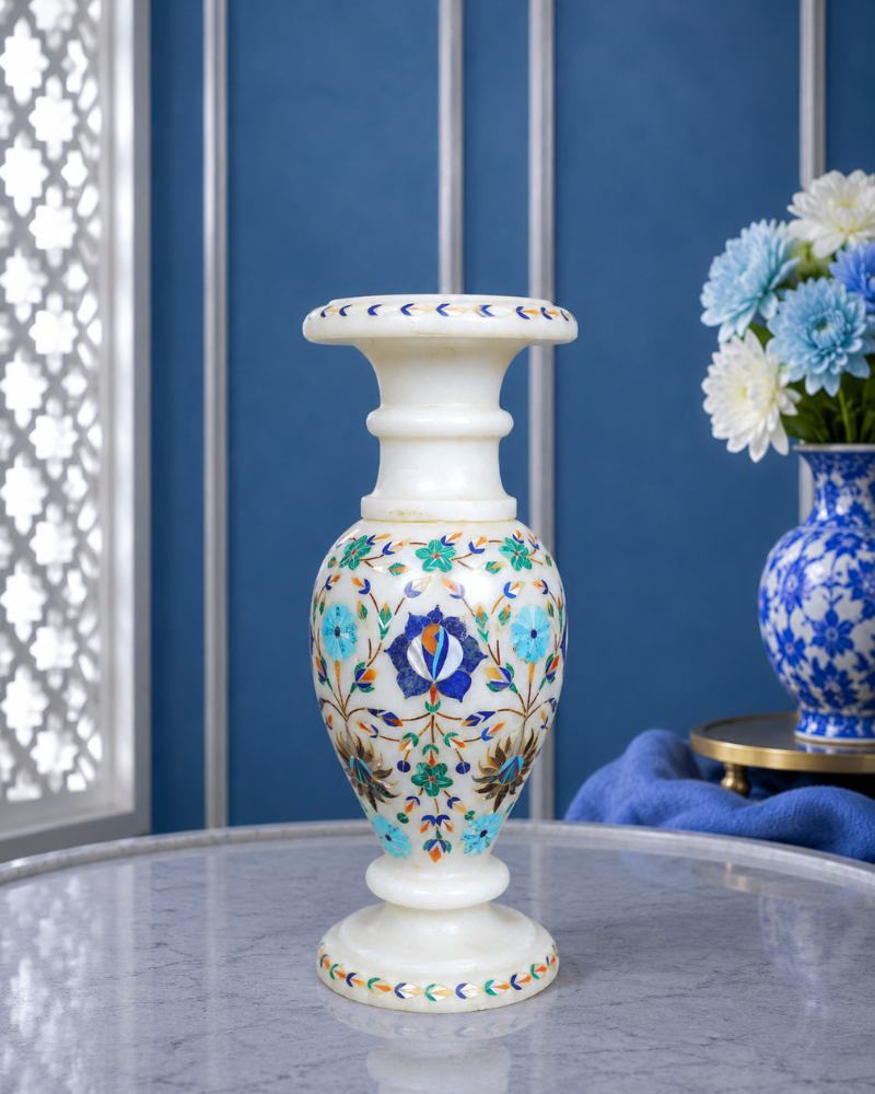 Artisanal 10-Inch Handcrafted White Marble Flower Vase with Delicate Floral Inlay