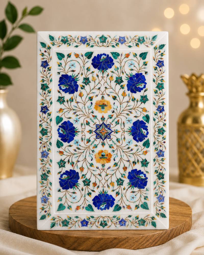 14x9-Inch Rectangular Floral Inlay White Marble Tray