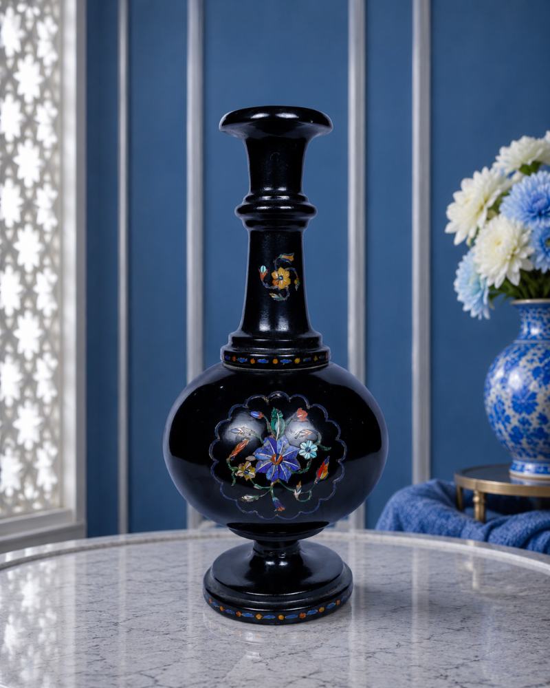 Artisanal 10-Inch Handcrafted Black Marble Flower Vase with Intricate Floral Inlay