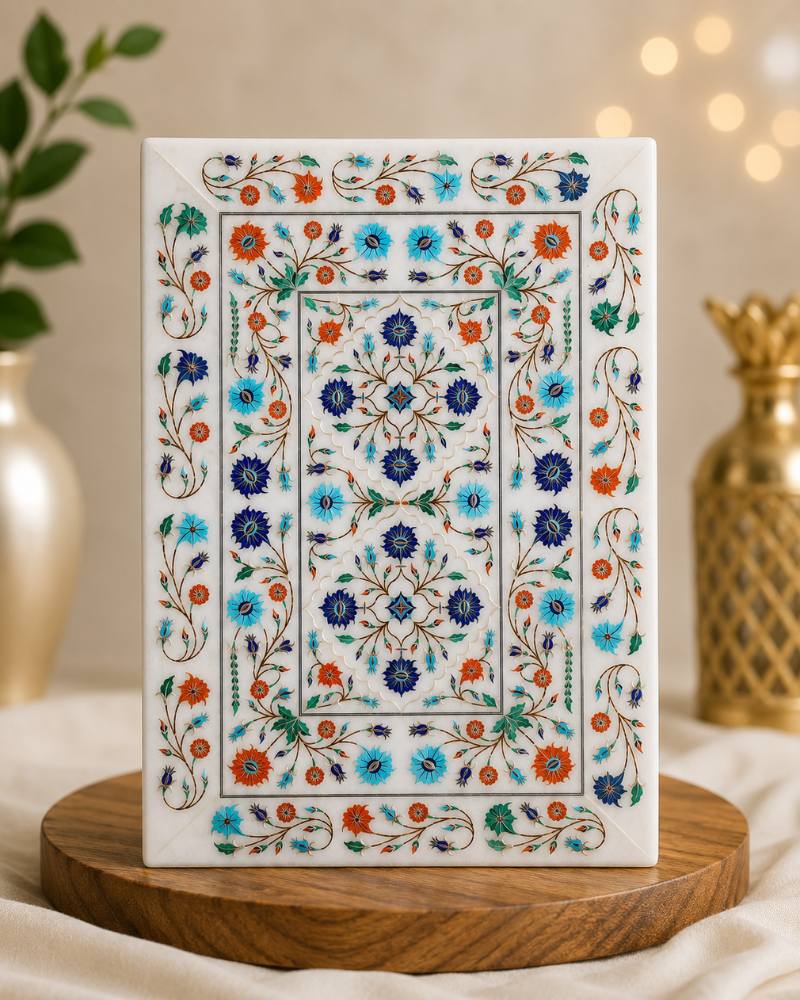 14x10-Inch Rectangular Floral Inlay White Marble Tray