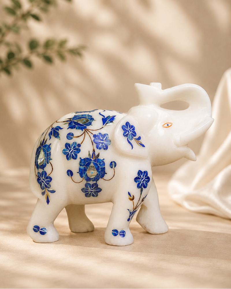 7-Inch Blue Floral Inlay White Marble Elephant