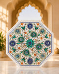 Premium 12-Inch Octagonal White Marble Side Table with Detailed Floral Inlay