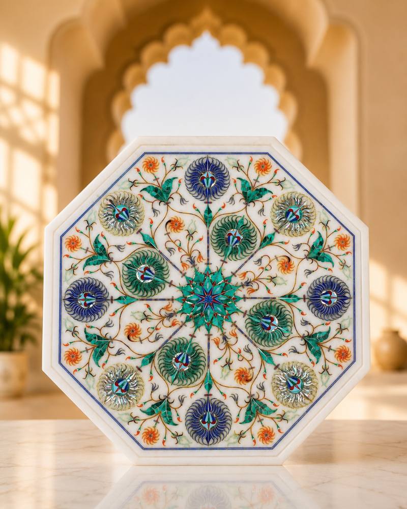 Premium 12-Inch Octagonal White Marble Side Table with Detailed Floral Inlay