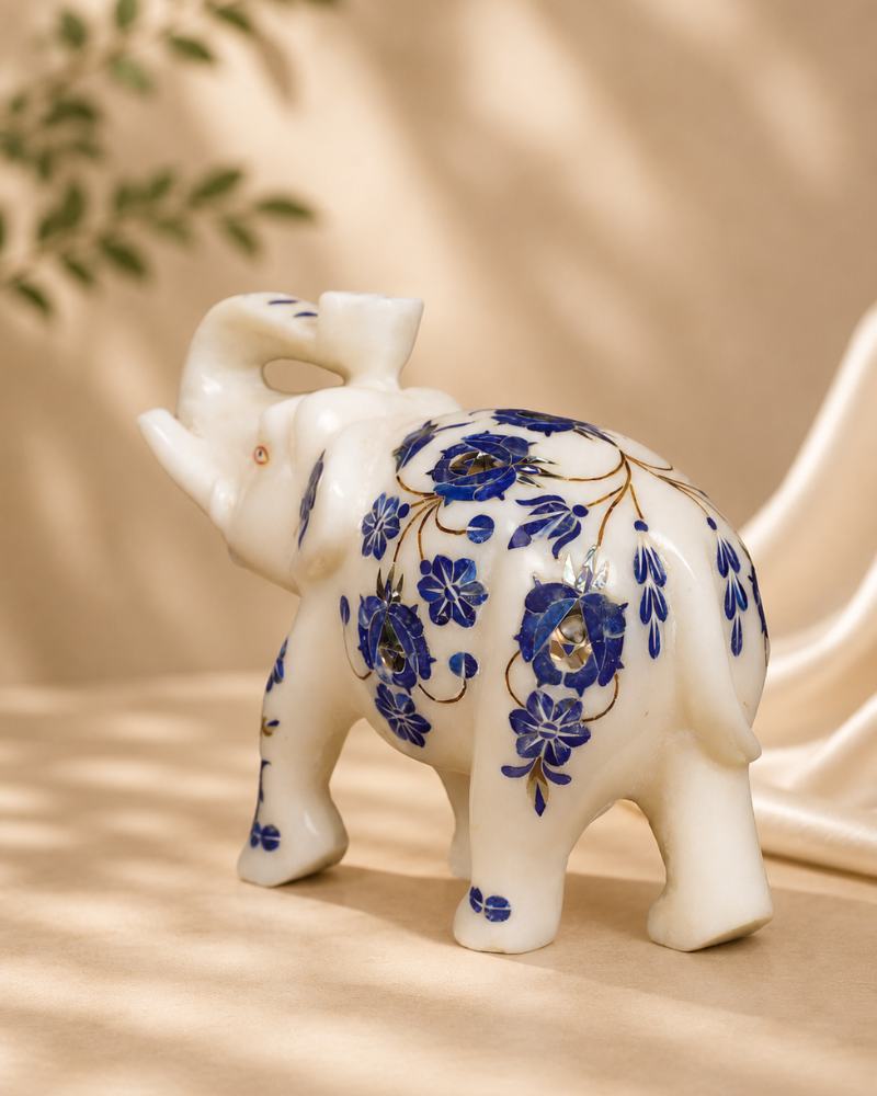 7-Inch Blue Floral Inlay White Marble Elephant