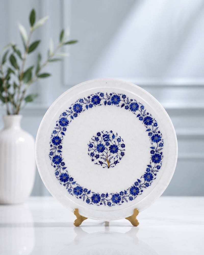 13-Inch Blue Floral Inlay White Marble Decorative Plate