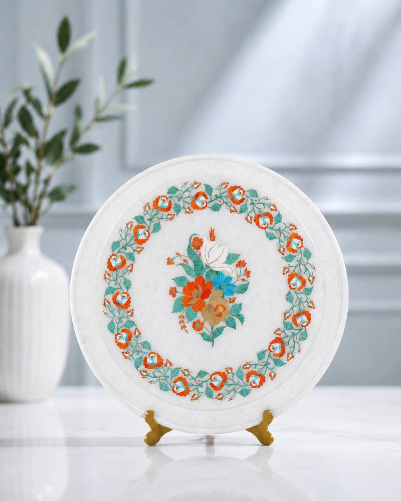 10-Inch Floral Inlay White Marble Decorative Plate