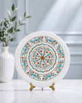 14-Inch Circular Floral Inlay White Marble Decorative Plate