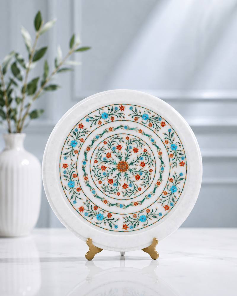 14-Inch Circular Floral Inlay White Marble Decorative Plate