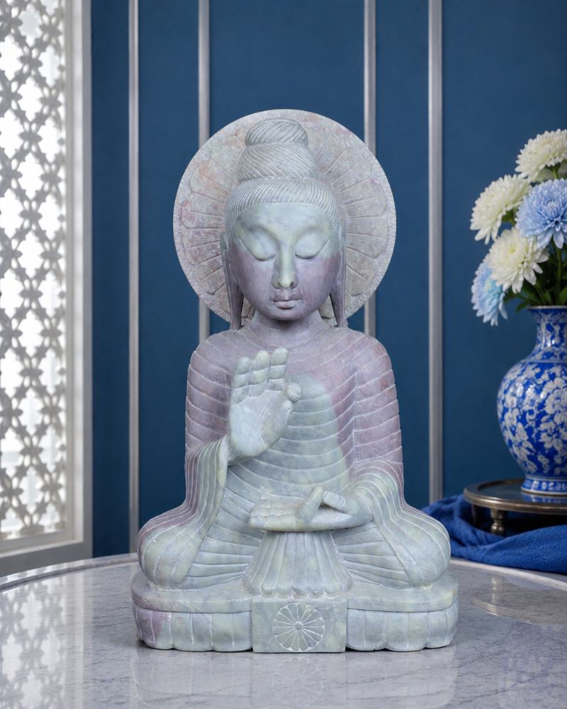 Artisanal 14-Inch Handcrafted Green Marble Buddha Statue in Abhaya Mudra