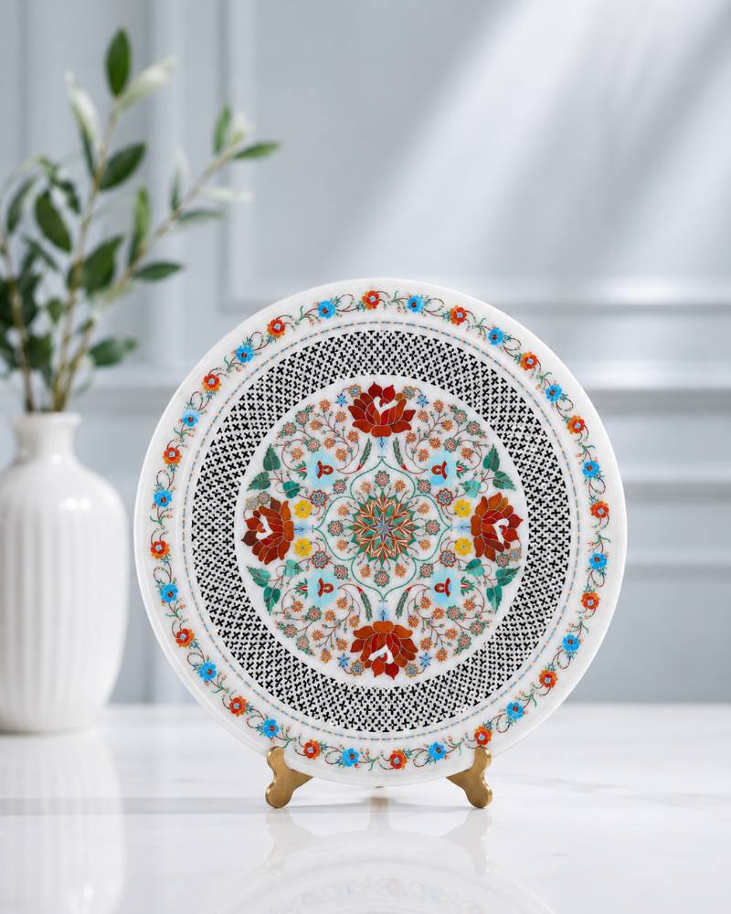 16-Inch Ornate Floral Inlay White Marble Decorative Plate