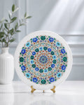 14-Inch Vibrant Floral Inlay White Marble Decorative Plate